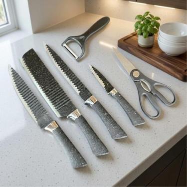 Imagem de Conjunto Facas Cozinha Inox 6 Peças Preto Cabo Ergonômico Uso Doméstic