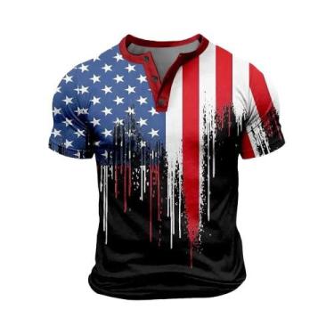 Imagem de Camiseta Henley Oversized Masculina Com Estampa 3D Da Bandeira America