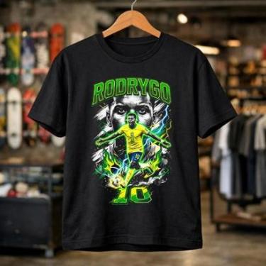 Imagem de Camiseta Masculina Preta Jogador Rodrygo Goes Seleção Brasil Real Madrid Algodão 30.1 Premium Casual-Masculino