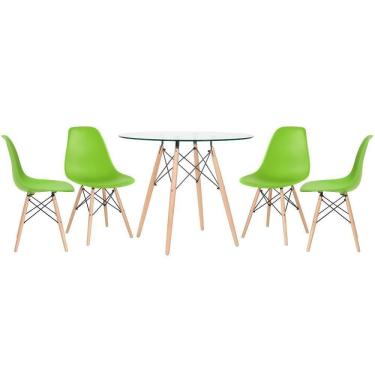 Imagem de Mesa Redonda Eames Com Tampo De Vidro 90 Cm + 4 Cadeiras Eiffel Dsw Verde Claro