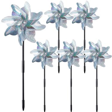 Imagem de NOVWANG 6 PÇS cata-vento refletivo com estacas, roda extra brilhante para decoração de jardim, dispositivo de dissuasão de pássaros e animais para assustar pássaros da fazenda do pátio