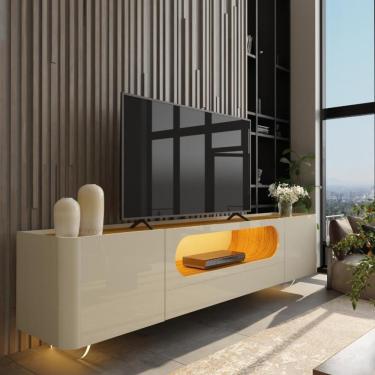 Imagem de Rack para TV até 85 Polegadas com LED 2 Portas 1 Gaveta com Pés de Vidro 100 MDF Nobre Gelius - Off White/Naturale