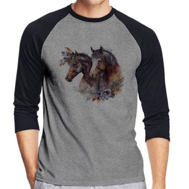Imagem de Camiseta Raglan Casal De Cavalos E Flores Manga 3/4 - Foca Na Moda
