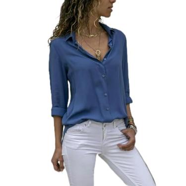 Imagem de Blusa elegante de chiffon lisa, casual, manga comprida, gola V, solta, para escritório, blusas grandes, Leitor de azul/palma, S