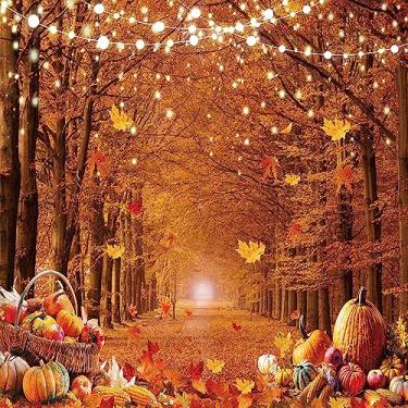 Imagem de CYLYH Pano de fundo de fotografia de outono de 2,4 x 2,4 m outono folhas de bordo floresta fundo de festa de ação de graças suprimentos de festa de Ação de Graças Banner evento colheita de ação de graças adereços de cabine de fotos CY579