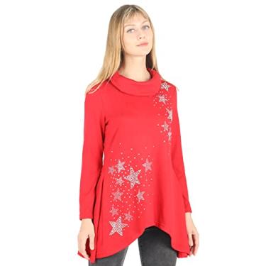 Imagem de Trizzi Blusa feminina de Natal com gola redonda Hot Drill Stars manga longa árvore de Natal pulôver túnica leve, Estrela vermelha, M