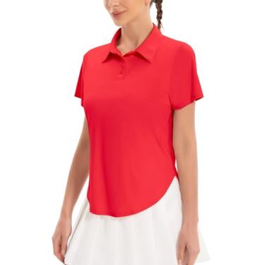 Imagem de addigi Camisa polo feminina de golfe FPS 50+, proteção solar, 3 botões, manga curta, secagem rápida, atlética, tênis, golfe, Vermelho, GG