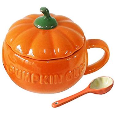 Imagem de Eplze YBK Tech Copo de abóbora fofo, caneca de café de cerâmica, xícara de chá de 241 g com tampa (copo + colher)