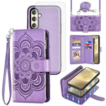 Imagem de Asuwish Capa de celular para Samsung Galaxy S24 5G carteira com zíper magnética destacável com protetor de tela de vidro temperado alça transversal mandala flor porta-cartão S 24 24S G5 mulheres