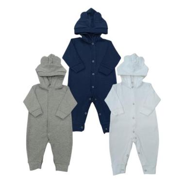 Imagem de KIT 3 PEÇAS Macacões Bebê Orelhinha Unissex - Rovidas Baby, Marinho, C