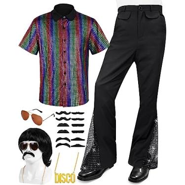 Imagem de 6 peças de roupa de discoteca masculina dos anos 70, retrô, calça de sino dos anos 80, camisas de manga curta, colar, bigode, óculos de sol, Vintage, XXG