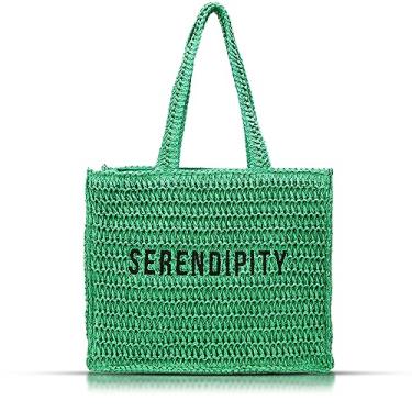 Imagem de QTKJ Sacola feminina, bolsa de praia de palha, bolsa de ombro macia tecida à mão bolsa de mão de vime de verão de grande capacidade para viagens de férias, uso diário (verde), Verde, Large