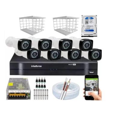Imagem de Kit 8 Câmeras + DVR Intelbras + Câmeras HD 720p 20m Infra + Fonte, Cab