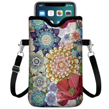 Imagem de IRADA Bolsa de neoprene para celular com alça transversal e cordão de pescoço para mulheres e homens 19 x 10 cm - Boho floral à prova de choque bolsa universal para telefone