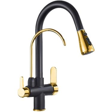 Imagem de Torneira de cozinha com filtro de água 2 em 1, torneira de purificação de cozinha de latão antigo, torneira giratória de 2 vias, preta e dourada B