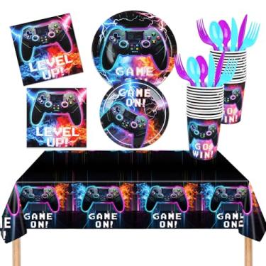 Imagem de GuoZhiXin 169 Peças de Suprimentos para Festa de Videogame, Pratos de Papel Descartáveis, Guardanapos, Copos, Facas, Colheres, Garfos, Toalhas de Mesa para Crianças, Decorações par (, )