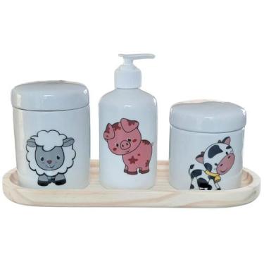 Imagem de Kit higiene bebê 4 peças Fazendinha - Bandeja, potes e porta álcool - 