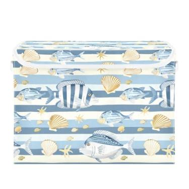 Imagem de senya Grandes caixas de armazenamento com cubos de armazenamento dobráveis de linho caixa organizadora de armário de tecido com tampa flip-top para casa, quarto, escritório, 42 x 32 x 30 cm (conchas