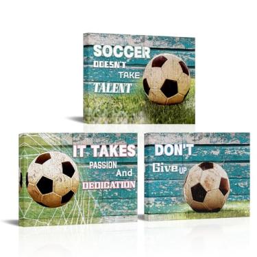 Imagem de xiysien Arte de parede de futebol com citações inspiradoras decoração de parede em tela tema esportivo futebol impresso emoldurado arte para escritório sala de estar quarto 30,5 x 40,6 cm x 3 peças