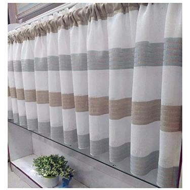 Imagem de LUOFDCLDDD Cortina, meia cortina de cozinha, listrada, linho, curta, café, cortina, decoração/bolso de haste, cortina moderna feita à mão, para banheiro/armário, quarto, sala de estar, porta/L 90 x