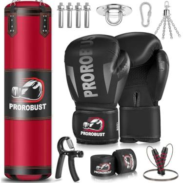 Imagem de Prorobust Saco de boxe para adultos, vermelho Oxford de 1,2 m, conjunto de saco de boxe pesado com luvas de 340 g para MMA Kickboxing, boxe, karatê, treinamento de academia em casa (não preenchido)