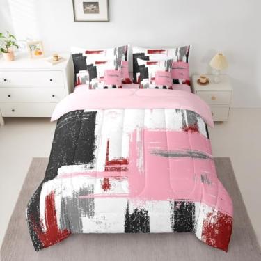 Imagem de Feelyou Conjunto de cama abstrato de 7 peças, arte abstrata, moderno, preto, vermelho, branco, rosa, inclui edredom, conjunto de lençol, fronhas e fronhas, tamanho Queen