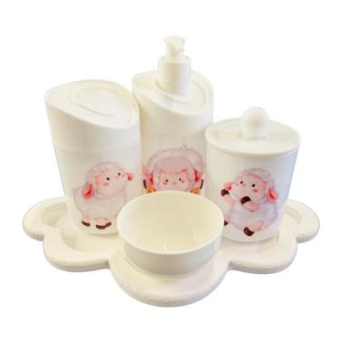 Imagem de Kit Higiene Baby Ovelhinha Menina c/bandeja MDF - 5 Peças - Dóia Kids,