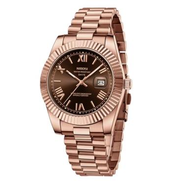 Imagem de NIBOSI Relógio masculino analógico, quartzo, aço inoxidável, ouro rosa, prata, à prova d'água, negócios, design clássico, com data, C01 - marrom rosa