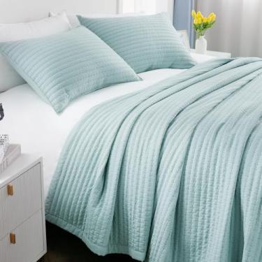 Imagem de Conjunto de colcha de solteiro – Colcha leve de 3 camadas lavadas macias de 172,7 x 218,4 cm com acolchoamento multi-lock, roupa de cama nórdica minimalista, conjunto de colcha para todas as estações