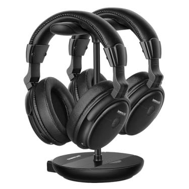 Imagem de SIMOLIO Fones de ouvido duplos sem fio para assistir TV com transmissor de 2,4 G, suporte de carregamento e bateria sobressalente, esclarecimento de diálogo, bypass, controle de tom e equilíbrio, voz