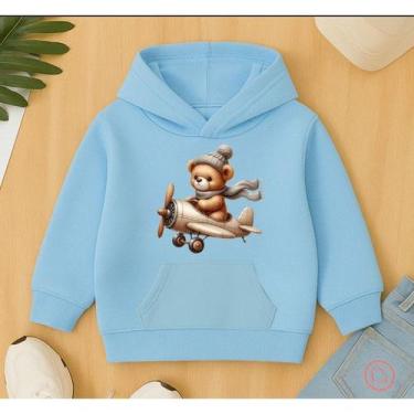 Imagem de Moletom Canguru Infantil Estampa Urso Avião Fofo Pelúcia Piloto Flanel