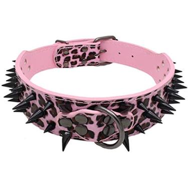 Imagem de Izefia Coleira para cães preta afiada cravejada luxuosa coleira de couro acolchoada para cães médios e grandes – 5 cm de largura colar antimordida (PP, leopardo rosa)