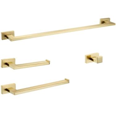Imagem de Acessórios para banheiro em aço inoxidável dourado escovado - Suporte redondo para papel higiênico, ganchos para toalhas, conjunto com 4 peças dourado