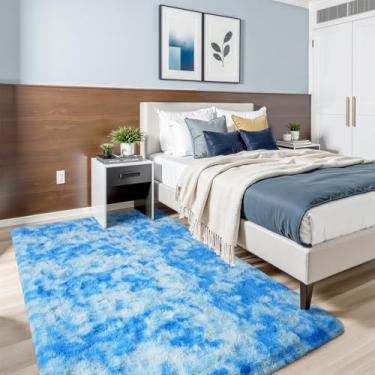 Imagem de Terrug Tapetes de área fofos para sala de estar, quarto, 1,2 x 1,8 m, com tie-dyed azul, tapete felpudo grande, antiderrapante, moderno, para interior, para meninos e meninas, crianças, quarto de bebê, dormitório, decoração de casa