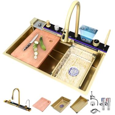 Imagem de Pia de cozinha em cascata, tigela única de aço inoxidável, display digital, pia de cozinha inteligente com vários acessórios (ouro, 80 x 45 x 22 cm)