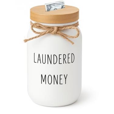 Imagem de Cofre engraçado para dinheiro lavado – jarra de vidro com compartimento para dinheiro e tampa de bambu, pote de ponta rústica para lavanderia, moedas soltas, organização doméstica, cofrinho decorativo