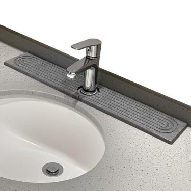 Imagem de Vezyturly Tapete de torneira para pia de cozinha - Bandeja de pedra absorvente de água para pia, tapete de secagem rápida de diatomita, protetor de respingos de torneira para balcão de banheiro (cinza