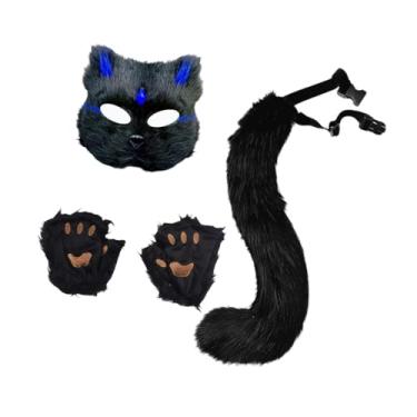 Imagem de Baoblaze Conjunto de máscara e cauda de animal, máscara de gato de Halloween para baile de carnaval, presentes de baile de máscaras, Chip Azul Preto
