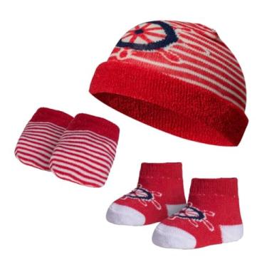 Imagem de Kit Touca, Meia e Luva Recém Nascido Algodão Atoalhado Maternidade Enxoval Bebe Dallf (Vermelho/Branco, Recém Nascido)