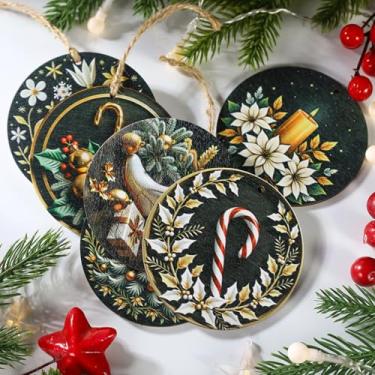 Imagem de Conjunto de enfeites de Natal vintage de 6 peças – decoração redonda de madeira com padrões clássicos de férias (azevinho, bengala doce, caixa de presente) para árvore e casa