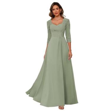 Imagem de Vestido para a mãe da noiva AUSPORY, apliques de renda, verde sálvia