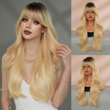 Imagem de Peruca 7JHH WIGS 28" de comprimento loira ondulada com franja sintétic