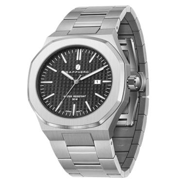 Imagem de SAPPHERO Relógios masculinos octogonal 10ATM impermeável negócios casual moda homens japonês de quartzo de aço inoxidável luminoso relógio de pulso de presente para homens, Preto prata, pulseira