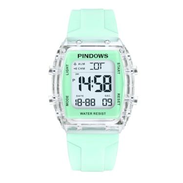 Imagem de PINDOWS Relógio esportivo digital feminino, caixa transparente transparente, luz LED brilhante, resistente à água de 5 ATM, cronômetro, alarme de tempo duplo, relógio elegante para mulheres e