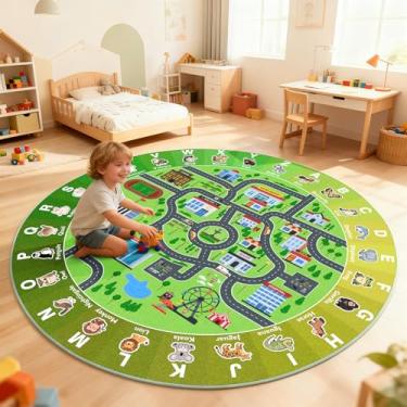 Imagem de Tapete infantil para brincar com o alfabeto ABC, tapete educativo, antiderrapante, mapa da cidade, tapete infantil para quarto e sala de jogos, carro, carro, trilha, tapete lavável 246 x 236 cm