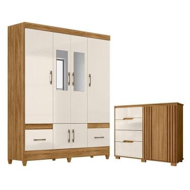 Imagem de Guarda Roupa Casal Ms912 Com Espelho E Cômoda Texas Freijó Off White - Moval