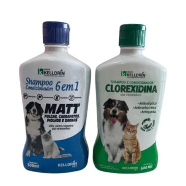 Imagem de Kit Shampoo Antisséptico 500ml + Shampoo Antipulgas 6 em 1 500ml Higiene Saúde Completa Pets Cães Gatos