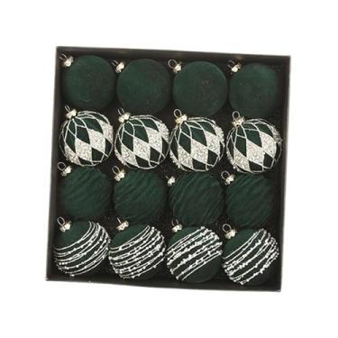 Imagem de Esquirla Conjunto de 16 enfeites de Natal em formato de bola flocada, leves e decorativos, com 6 cm de diâmetro, ideais para pendurar em casa durante as festas, Verde
