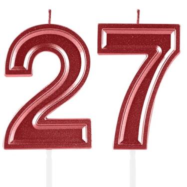 Imagem de Velas de aniversário de 27 anos, numerais vermelhos, 27, enfeite de bolo, decoração para meninas e meninos, tema de aniversário, festa de casamento, artigos para celebração