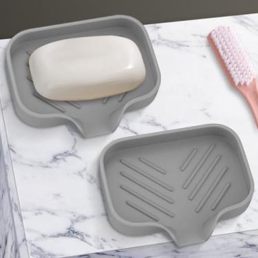 Imagem de 2 PCS Bandeja de sabão de cozinha de silicone, bandeja de pia para balcão de cozinha/garrafas de sabão, suporte de esponja e organizador com bico de drenagem, cinza, [Tamanho: 12,7 x 10 cm]